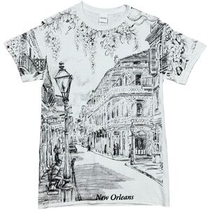 Vintage New Orleans Sketch Print T-Shirt Size Small, 90s Y2K NOLA French Quarter